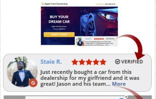 Example of the ReputationRiser Google review widget displaying a verified 5-star Google review on a business website. Visitors can click the review notification to open the full review widget and take action with a built-in CTA button.