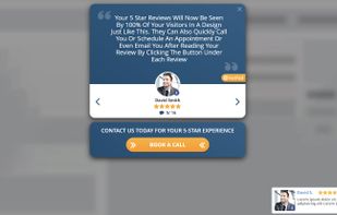 Expanded view of the ReputationRiser 5-star Google review widget. The widget displays verified customer reviews directly on the website and includes built-in CTA buttons such as click-to-call, book a call, schedule an appointment, or email.