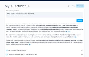 The user performs an AI-powered searches across a personal library of documents. The AI generates accurate answers supported by direct quotations from the relevant source files, ensuring both precision and traceability of information.