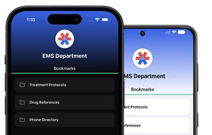 Offline-ready mobile app with full department white-labeling and dark mode — responders get one-tap access to bookmarked protocol folders, drug references, and phone directories on iOS and Android, online or off.