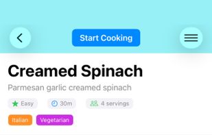 Recipe card view. Metric or imperial units can be set in settings.