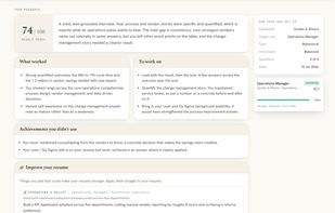 Resume-grounded mock interview: a readiness score, honest feedback, and one-click resume improvements.