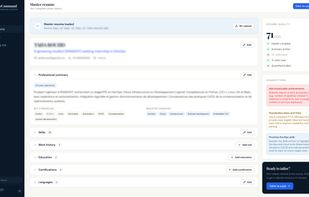 Your master resume is the single source. ResumeCommand parses it on upload, scores its completeness, and flags what is missing before you ever apply to anything.