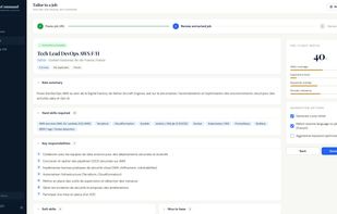  It reads the posting and extracts the real requirements, hard skills, and responsibilities. The pre-flight match scores you against that job up front, broken out by skills, experience, keywords, and domain.