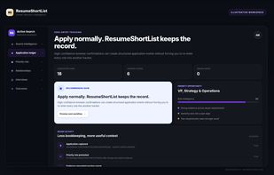 Application Ledger
Capture and organize application activity with structured status, resume-version context and recent search activity in one workspace.
