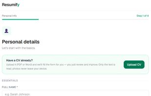 Builder — upload your existing CV and AI pre-fills the entire form
