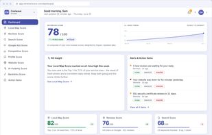 Your local SEO health as one 0-100 score, built from 9 Google ranking signals