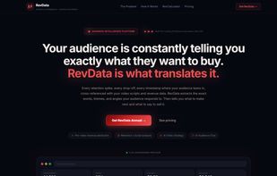 The RevData homepage: an audience intelligence platform for trading content creators that connects your videos to revenue and your retention curve to your script.