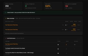 The Sales Funnel Journeys view, tracing each visitor from a YouTube video through to checkout and attributing sales to the specific video that drove them, with Revenue Per View per video.