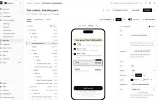 Paywall editor: build native paywalls with templates, versions and translations, with a live preview.