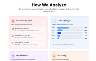 How we analyze page of reviewai.pro which showcase how platform analyze product and generate verdicts.