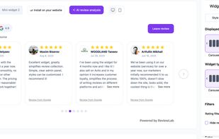Widget settings. List display type - Configure design, layout, and display settings of the review widget directly from the dashboard.