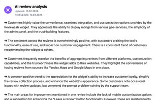 AI review analysis - AI adds two powerful capabilities to ReviewLab. The first review card shows a concise AI summary of your latest reviews, so visitors grasp the essentials and decide faster. In your dashboard, monthly AI reports highlight trends and key themes - helping you spot changes early and act on what matters.