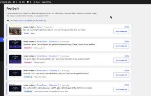 The Feedback dashboard — every comment pinned across your whole site, on any builder, with one-click resolve.