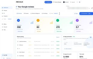 Reviux dashboard to monitor Google reviews, pending replies, ratings and AI automation from one place.