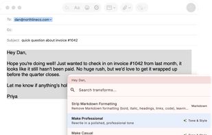 The Command Palette transforming text in Apple Mail