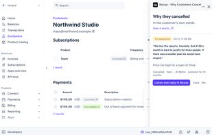 Each cancelled customer shows what they said, the plan they left and how long they stayed, with the voice answer one click away.