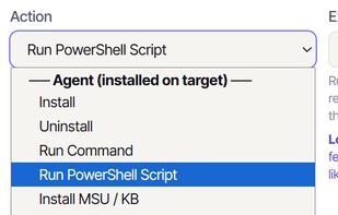 One job, many actions: install or uninstall software, run PowerShell, push Windows updates, reboot, or deploy the agent agentlessly.