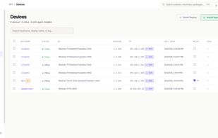 Your whole Windows fleet in one view — live status, OS, IP, and agent version for every endpoint, with deploys one click away.
