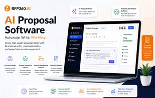 RFP360.ai AI Proposal Software image highlighting proposal automation, AI writing, content library, templates, progress tracking, and faster proposal creation. 