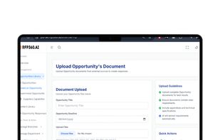 The image shows RFP360.ai’s document upload interface, allowing users to upload opportunity files easily.