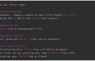 Showing results when searching for "hello", in the "demo" folder. It shows content from .mkv, .odt, .sqlite3 and .zip files.