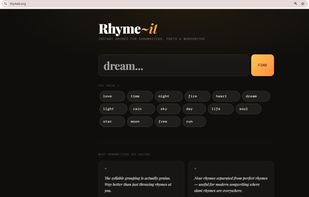 Clean, distraction-free interface built for songwriters — just type a word and find your rhyme.