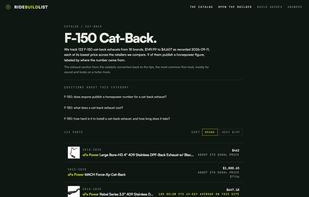 A category page: every cat-back exhaust that fits an F-150, each at the lowest price found across the retailers tracked, with dollars per horsepower where a figure is published.