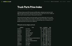 The public price index: what each kind of part costs on each truck, as a low, median and high, with the sample size and date.