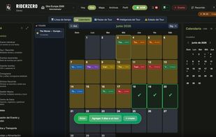 Calendar view with multi-day selection — select dates with green checkmarks to bulk-create tour events or assign days to an existing tour. Color-coded event chips show shows, flights and hotels at a glance.