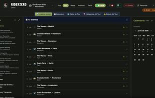 Tour timeline — chronological list of all shows, flights, hotels and travel days. Tap any event to open full details with production schedule, logistics and crew info.
