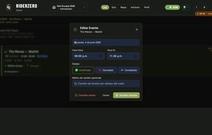 Today view with event detail panel open — admin can edit production times, event status and log change reasons in real time. All changes sync instantly to the crew's devices.