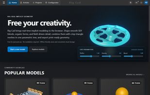 The Rig Cad home page, with a gallery of popular public models below the introduction.