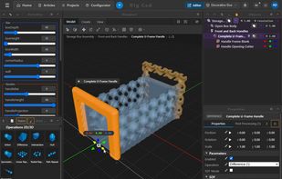 The Rig Cad editor: parameter controls on the left, the model and its transform gizmo in the viewport, and the project tree with object properties on the right.