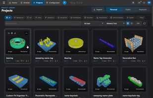 The Rig Cad project browser, listing saved parametric projects as rendered thumbnails.