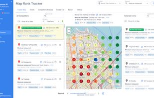 Google Maps rank tracker visualizing local search visibility and nearby competitor rankings.