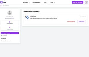 The user dashboard, with multiple features as bookmark, review and softwares owned by the user