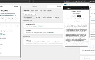 Both sides of the call transcribe live, and the coach prompts you on objections, questions and talk time as the conversation runs.