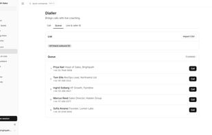 The logged call on the contact timeline carries the outcome, summary, action items and the full transcript.