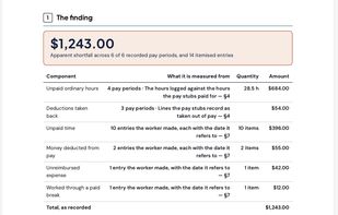 Hourly: what you worked against what the pay stubs paid, every figure traced to your own entries.
