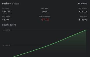 Backtest results with equity curve, performance stats, and full trade history.