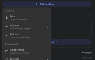 Condition builder combining technical, fundamental, and event triggers without code.