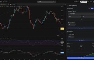 Strategy backtest with equity curve, entry and exit markers on the chart, and trade statistics.