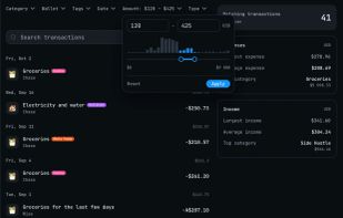 Filter transactions by category, wallet, tag, date, amount and type
