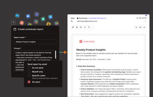 Roadmappy AI automatically aggregates, analyses, and synthesises all your customer data into on-demand or scheduled insight reports, sending them straight to your inbox.
