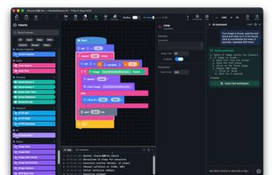 AI Assistant generates automation blocks from natural language. Visual block editor with 169+ operations, drag-and-drop programming, debug log, and property panel.
