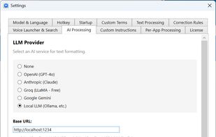 AI Processing settings with support for OpenAI, Anthropic Claude, Google Gemini, Groq, and local LLMs (Ollama, LM Studio) for intelligent text formatting.