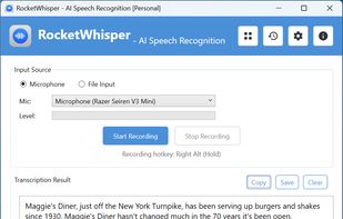 Main window with real-time speech recognition results. Supports microphone input and file input with one-click copy, save, and clipboard integration.