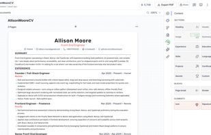 Drag-and-drop editor with per-section layouts and full undo history