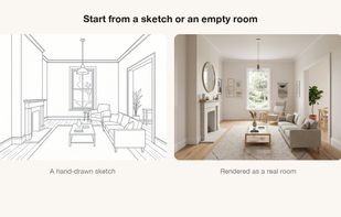 A hand-drawn sketch rendered as a photorealistic furnished room